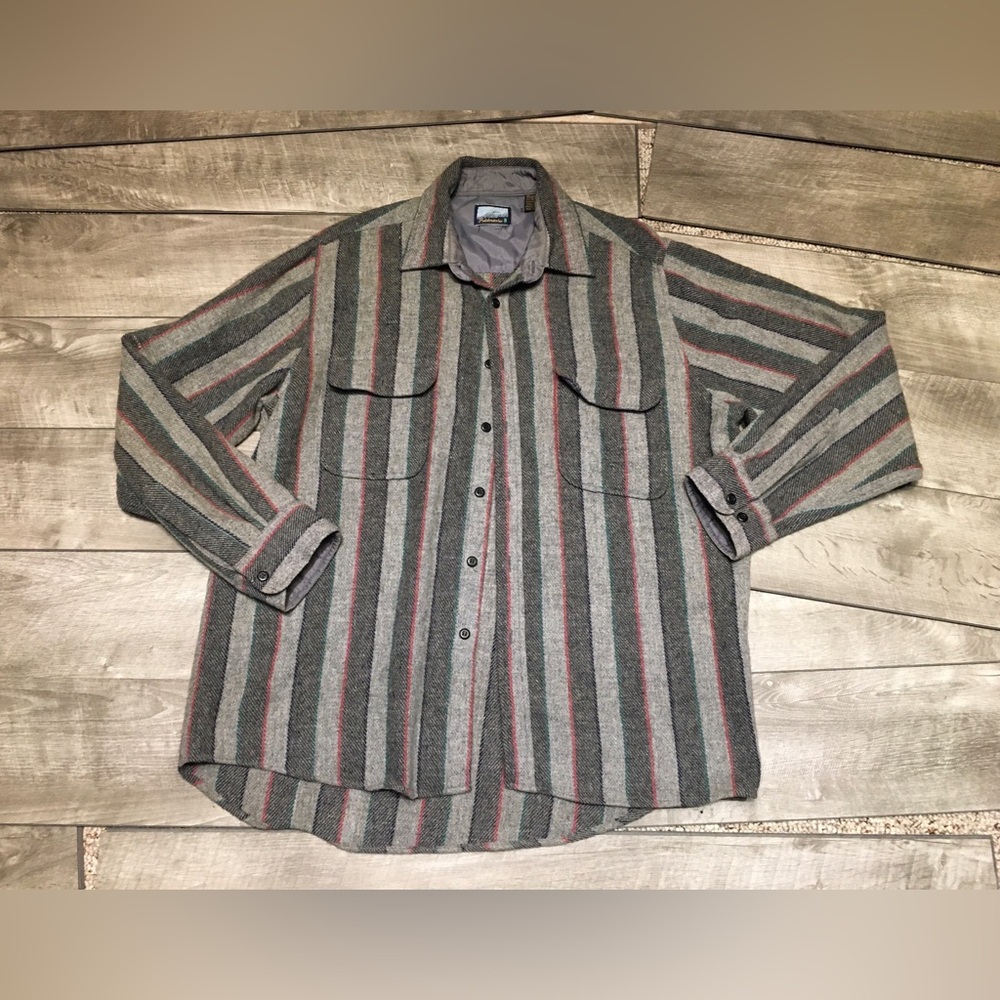 Fieldmaster Gray Button Down Wool Shirt Vtg Barn Chore Flannel Size Large Tall
